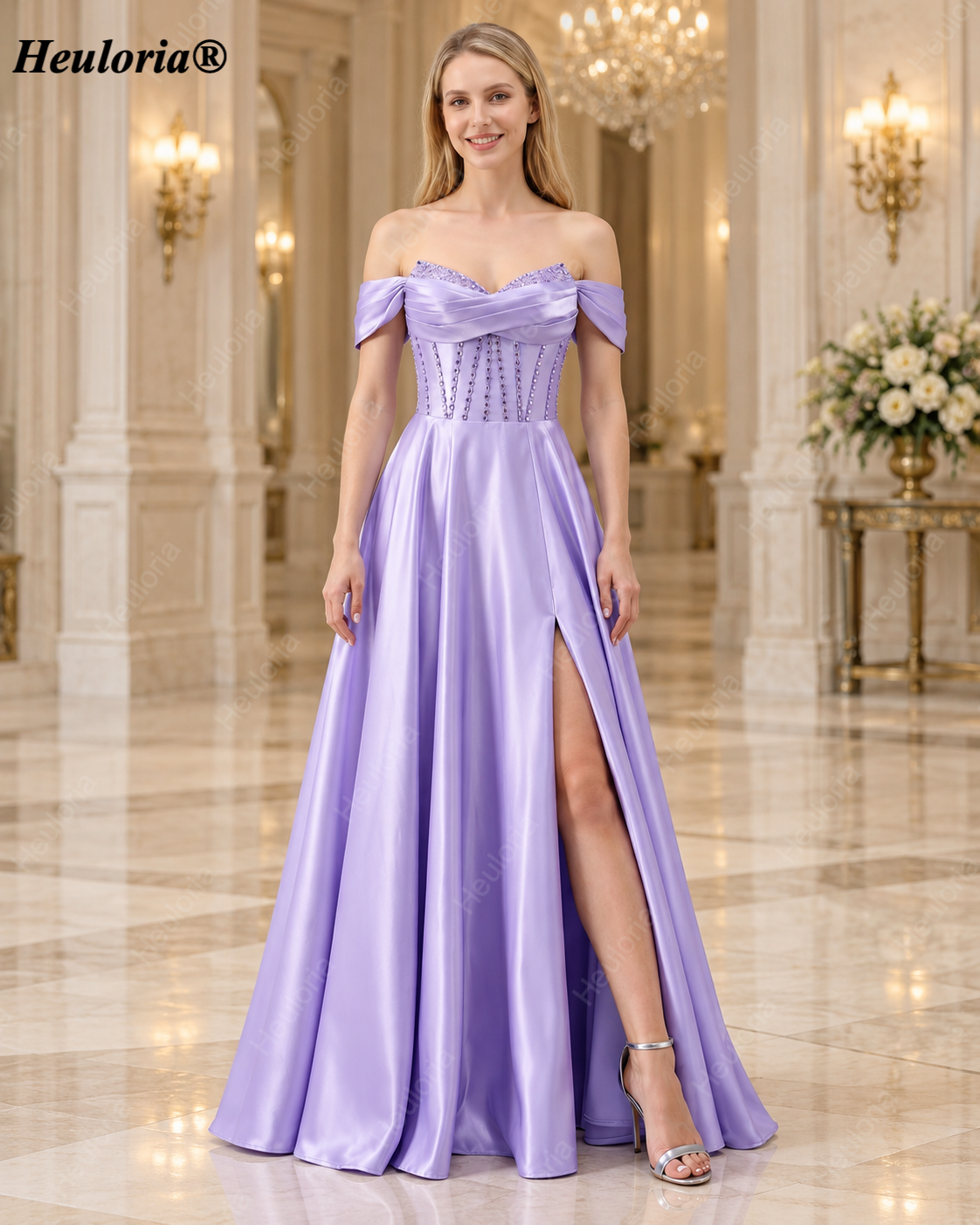 HEULORIA Emerald Green Satin Off Shoulder Prom Dress with Beaded Corset Bodice and High Slit ED-586