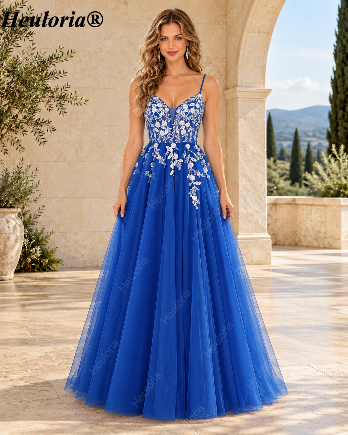HEULORIA Royal Blue Floral Appliqué Tulle A-Line Prom Dress with V-Neck and Corset Back – ED-341