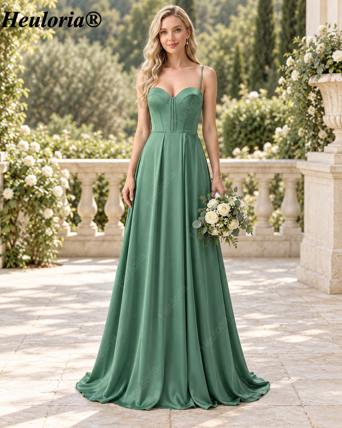 HEULORIA Sage Green Sweetheart Corset Satin A-Line Bridesmaid Dress – ED-263 Immagine principale del prodotto