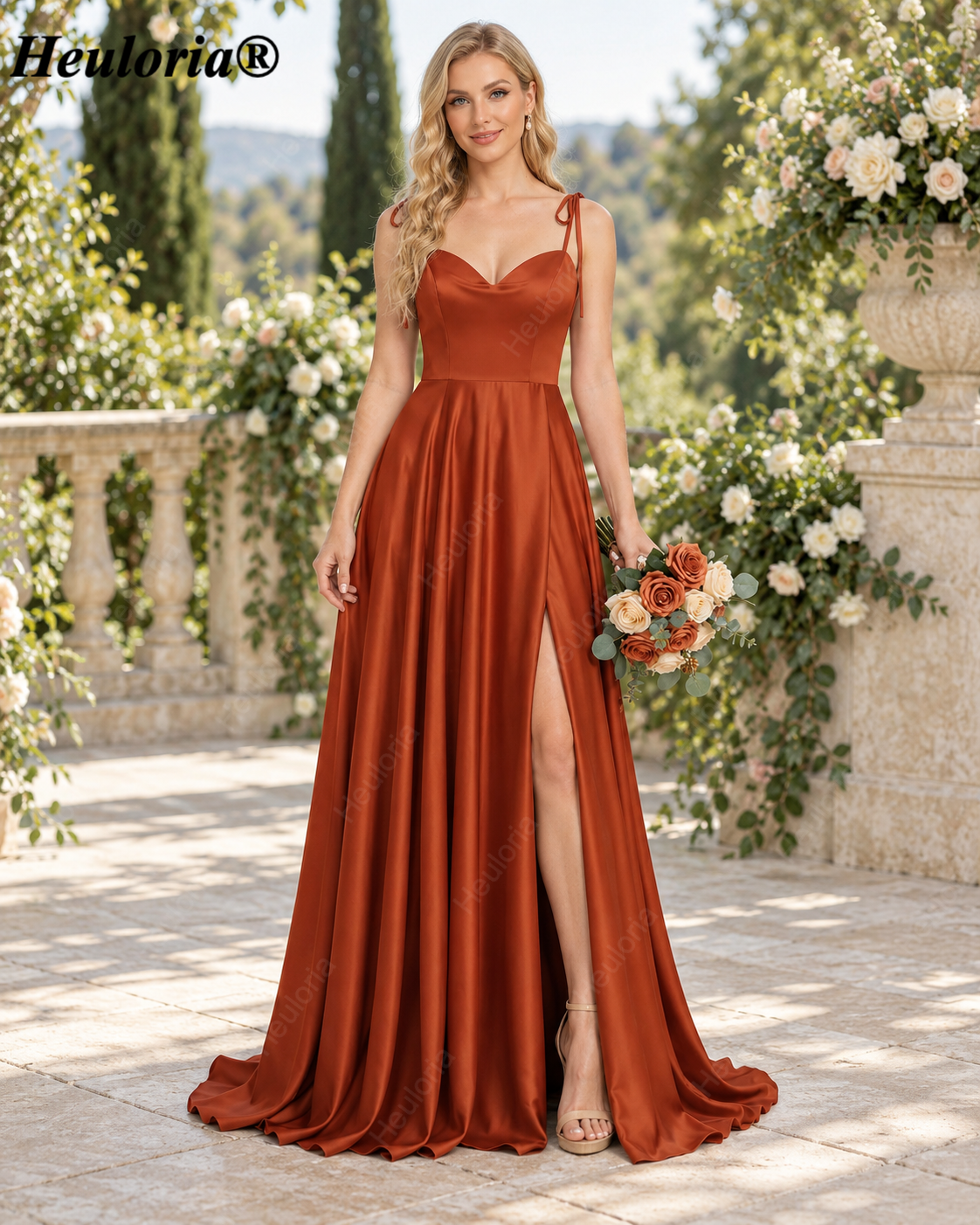 HEULORIA Rust Satin A-Line Bridesmaid Dress with Tie Straps and High Slit – ED-249