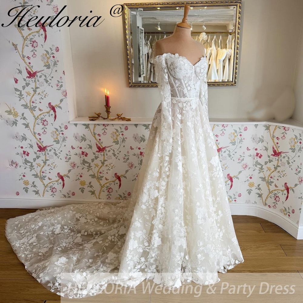 HEULORIA  a line Wedding Dress long sleeve Lace bridal dress  off shoulder Customized AL-812 Main image