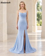 Heuloria Light Blue Cowl Neck Glitter Mermaid Prom Dress with High Slit ED-653