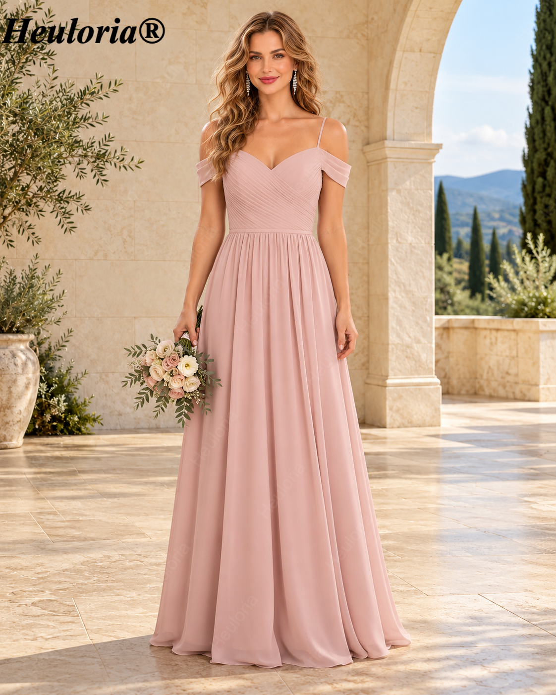 HEULORIA Dusty Rose Cold-Shoulder V-Neck Chiffon A-Line Bridesmaid Dress – ED-122 Main image