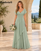 heuloria Sage Green V-Neck Flutter Sleeve Bridesmaid Dress with Draped Skirt ed-530