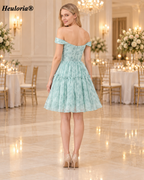 HEULORIA Watercolor Floral Off-the-Shoulder A-Line Mini Dress with Tiered Skirt ED-600