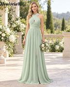 HEULORIA Dusty Sage Chiffon Halter A-Line Bridesmaid Dress with Keyhole, Slit & Bow Back – ED-256