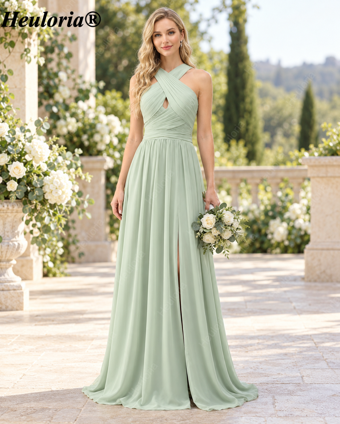 HEULORIA Dusty Sage Chiffon Halter A-Line Bridesmaid Dress with Keyhole, Slit & Bow Back – ED-256