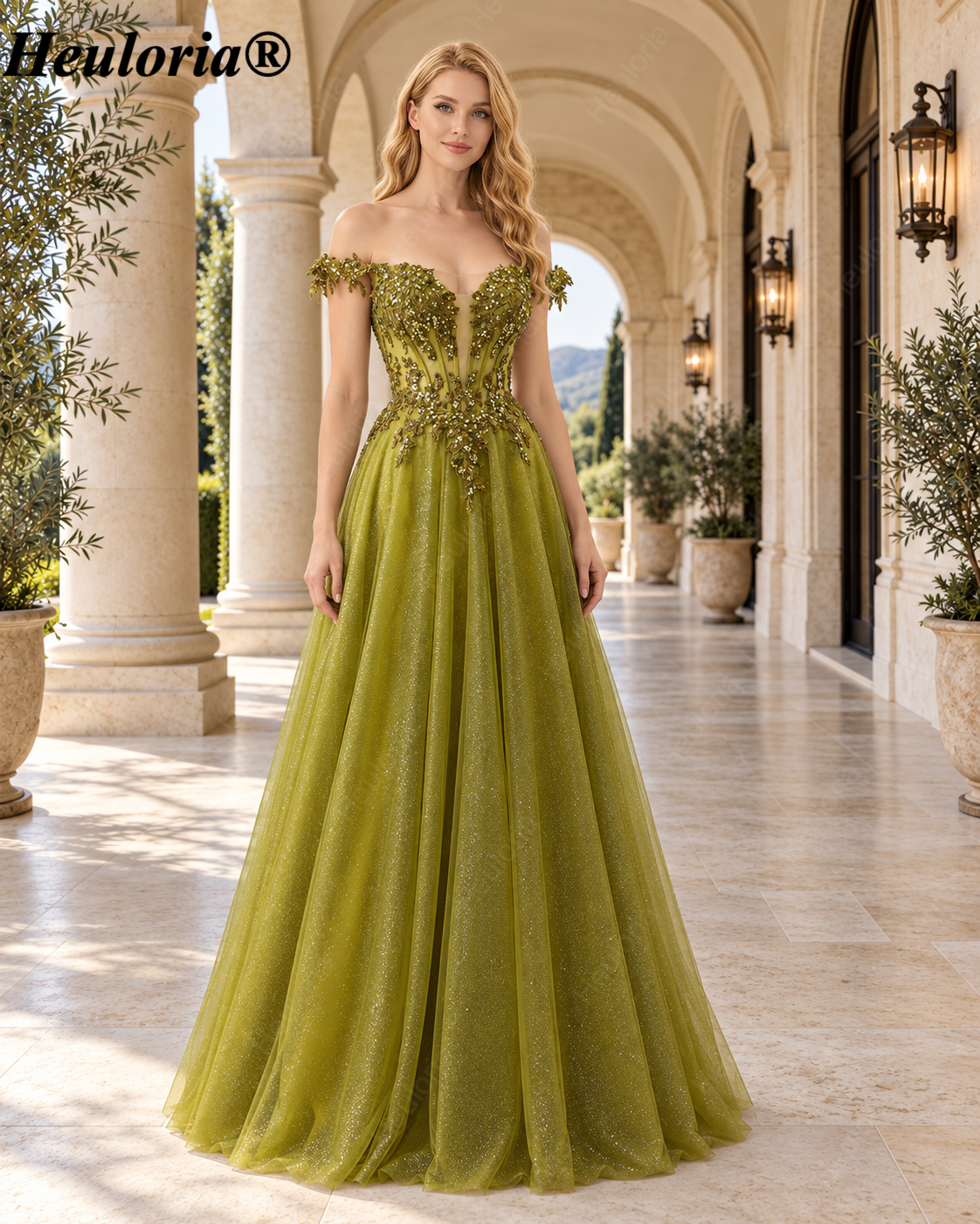 HEULORIA Olive Green Off-Shoulder Sequin Lace Tulle Prom Dress ED-574
