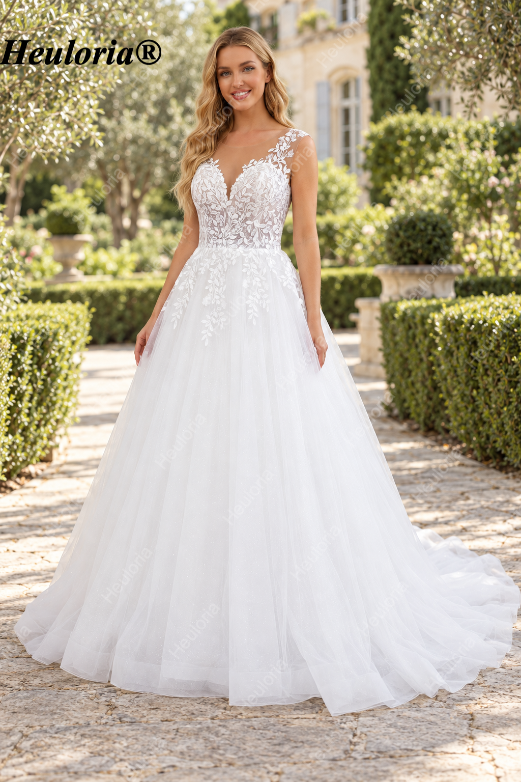 Deep V Leaf Lace Glitter Tulle Corset A-Line Wedding Dress AL-1045 Imagen principal del producto