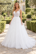 Deep V Leaf Lace Glitter Tulle Corset A-Line Wedding Dress AL-1045