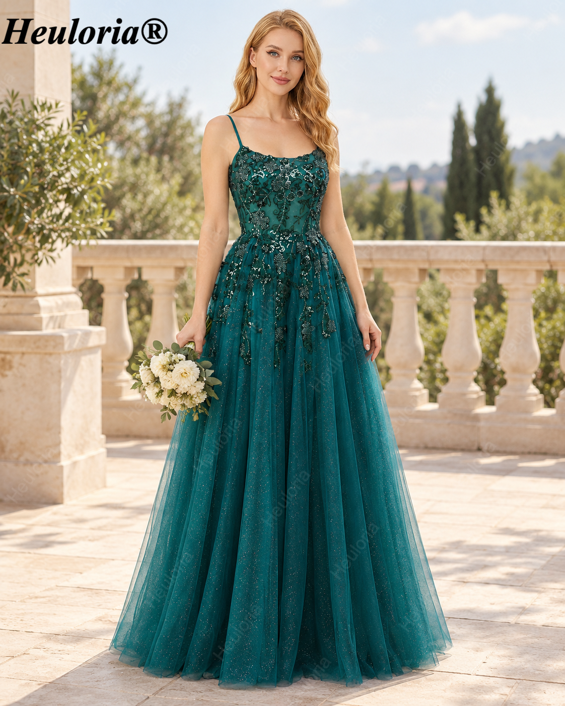 HEULORIA Emerald Green Beaded Lace Tulle A-Line Prom Dress – ED-339