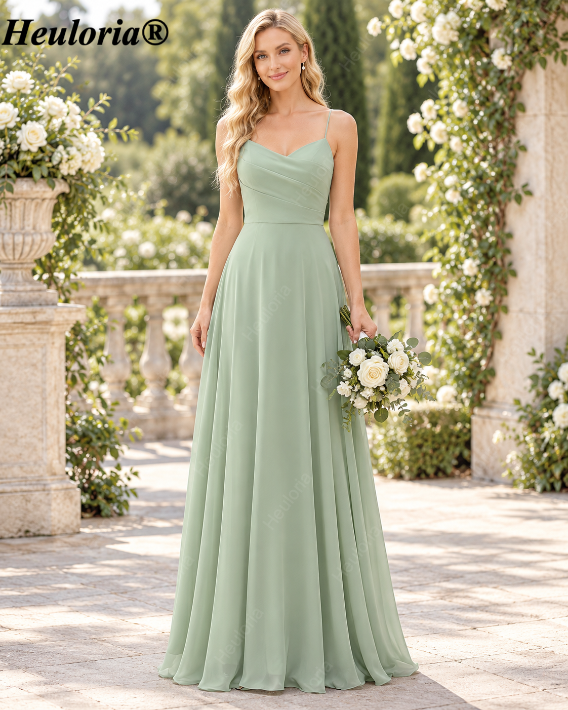 HEULORIA Dusty Sage V-Neck Chiffon A-Line Bridesmaid Dress – ED-268 Immagine secondaria del prodotto