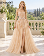 HEULORIA Strapless Beaded Floral A-Line Tulle Prom Dress with Slit ED-354