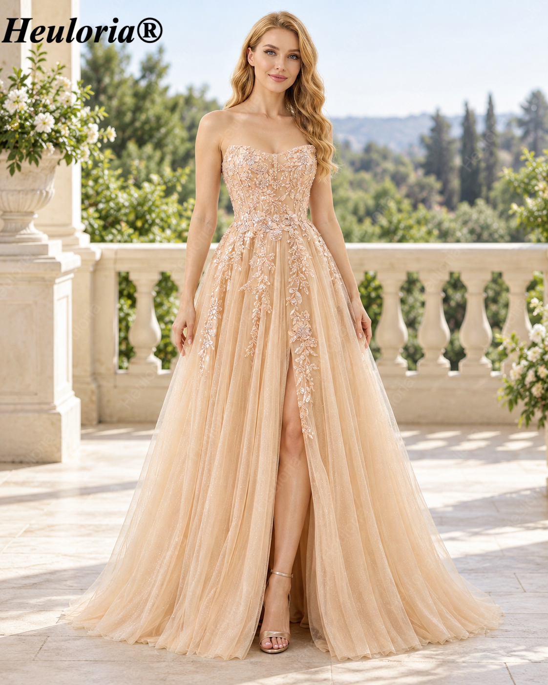HEULORIA Strapless Beaded Floral A-Line Tulle Prom Dress with Slit ED-354