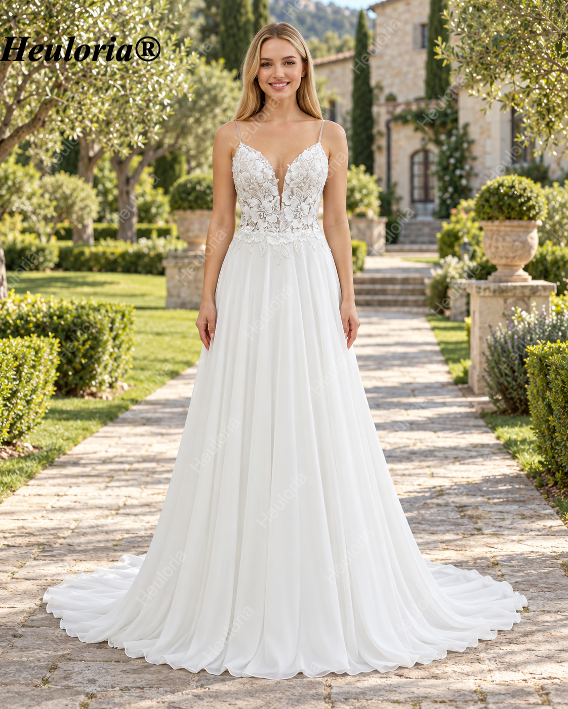 Illusion Deep V Floral Lace Chiffon A-Line Wedding Dress with Triple-Strap Back AL-1049 Imagen principal del producto