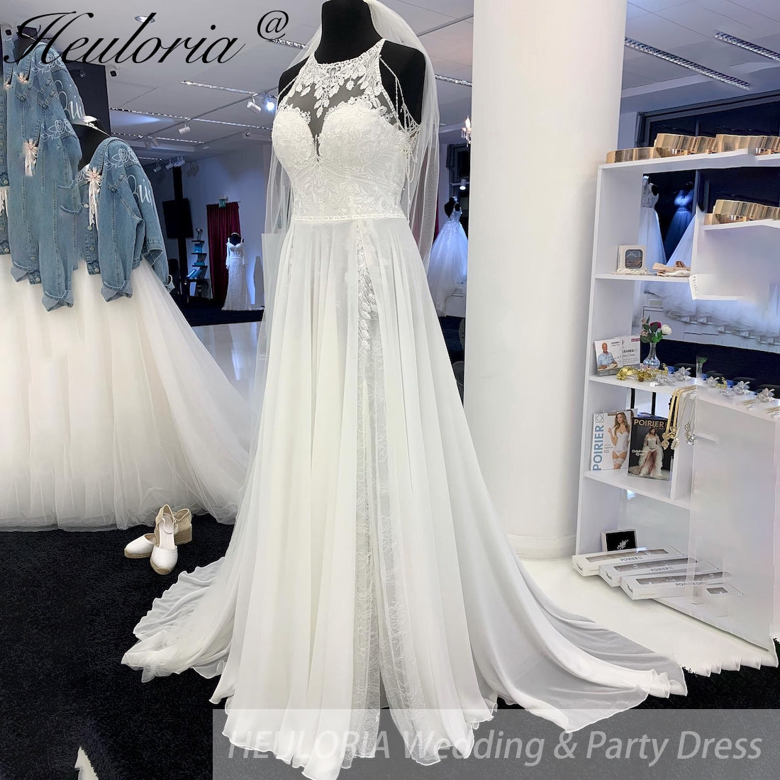 HEULORIA Beach Lace Bodice Chiffon Boho Off the Shoulder Wedding Dress Halter Neckline Bridal Gowns for Women Robe De Mariee AL-916