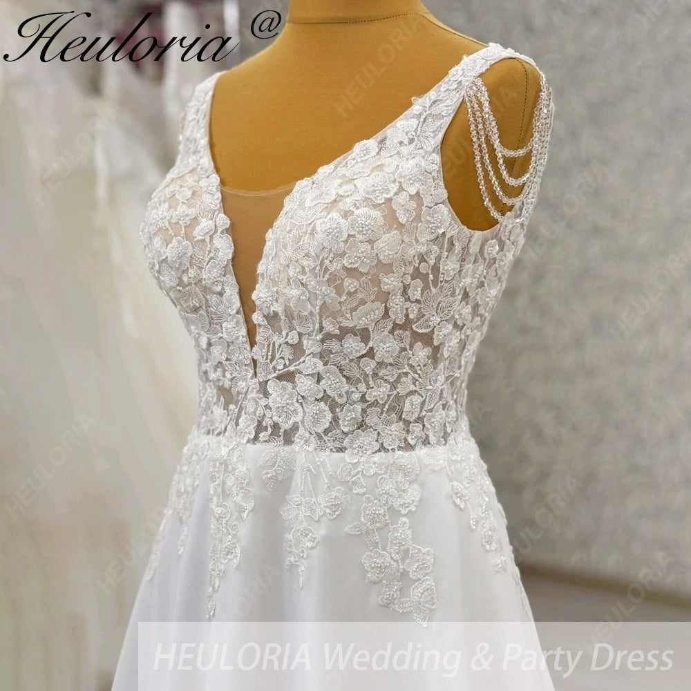 HEULORIA Romantic A-Line Lace Wedding Dress with Deep V-Neck and Crystal Beaded Shoulder Drapes AL-995