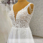 HEULORIA Romantic A-Line Lace Wedding Dress with Deep V-Neck and Crystal Beaded Shoulder Drapes AL-995