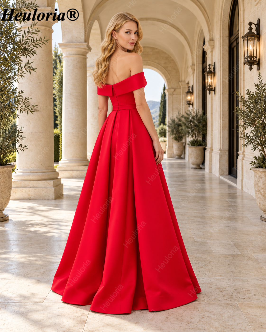 HEULORIA Royal Blue Off-the-Shoulder Pleated Satin A-Line Evening Dress with High Slit and Pockets – ED-27