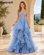 HEULORIA Tiered Ruffle Tulle Ball Gown Prom Dress with Floral Beaded Corset ED-403