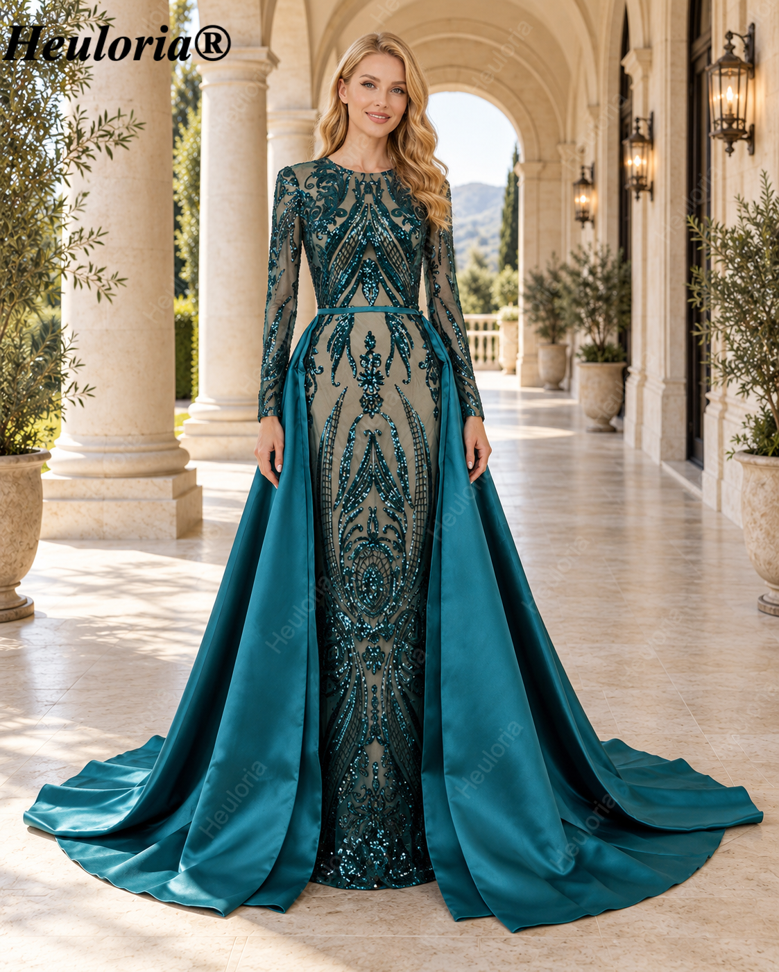 heuloria-Long Sleeve Sequin Evening Dress with Overskirt and Train-ed-58-2 Main image