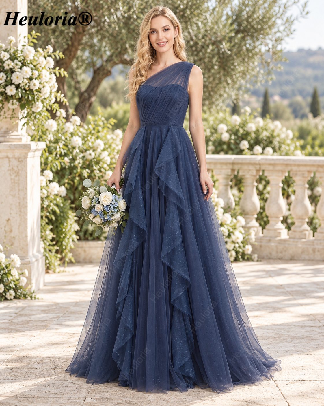 HEULORIA Navy Blue One-Shoulder Glitter Tulle A-Line Prom Dress with Ruffle Skirt – ED-250