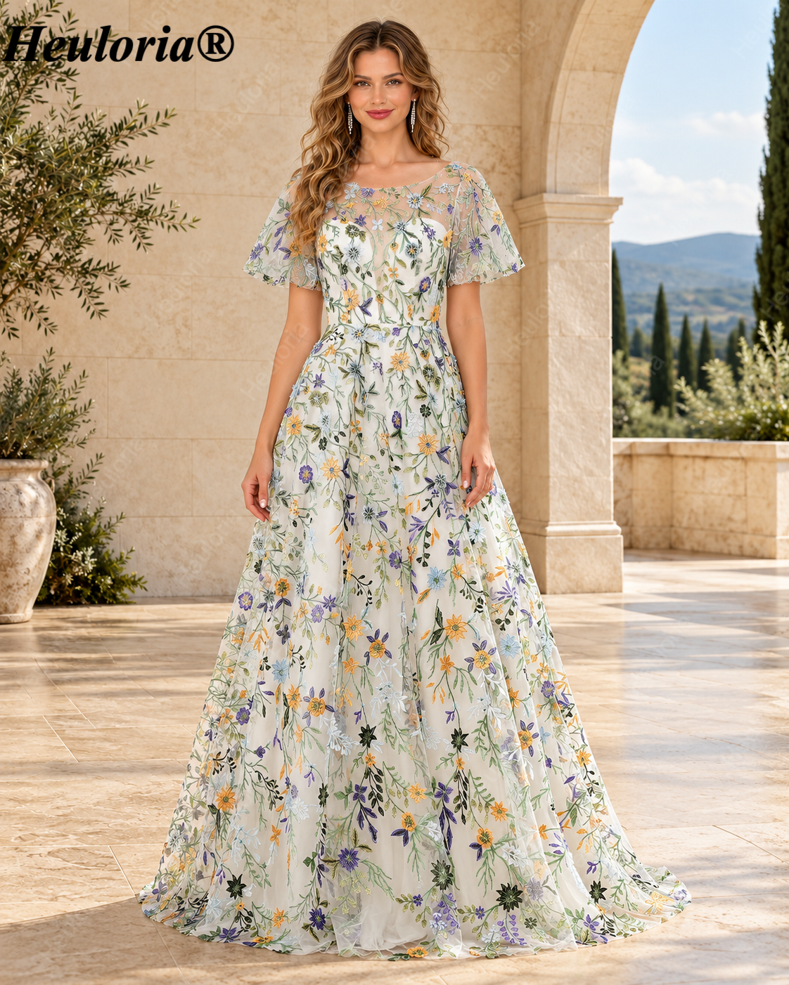 HEULORIA Ivory Floral Embroidered A-Line Evening Dress with Flutter Sleeves ED-684 Image principale du produit