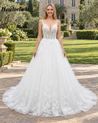 Floral Strap Lace Ball Gown Wedding Dress with V-Neck AL-1073