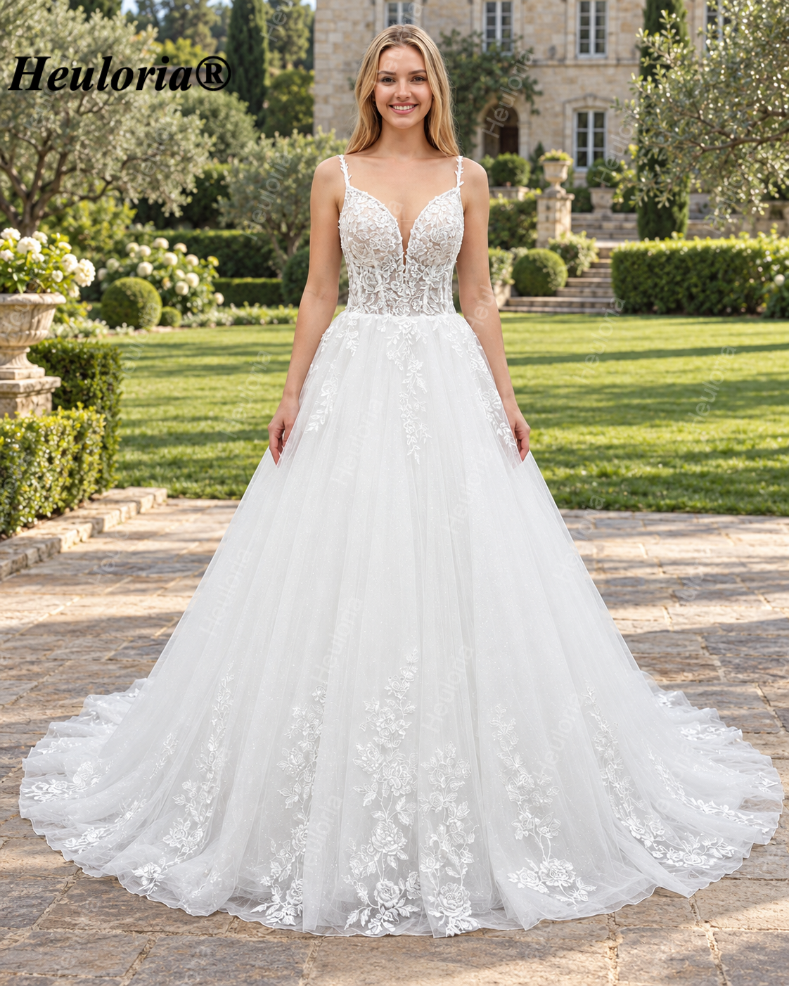 Floral Strap Lace Ball Gown Wedding Dress with V-Neck AL-1073