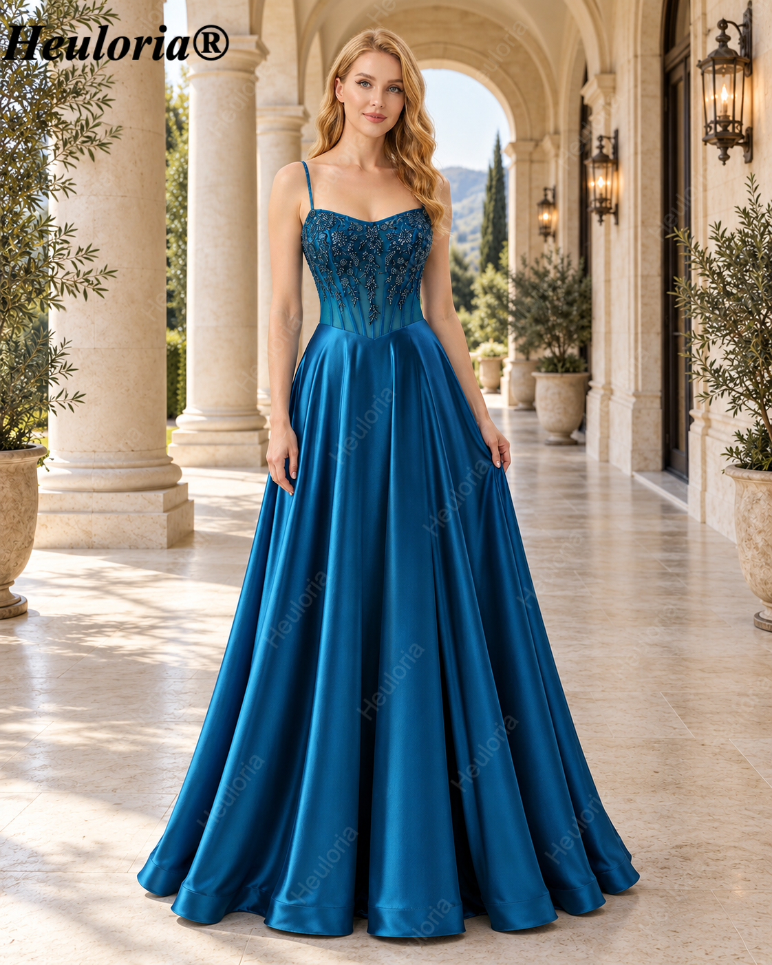 HEULORIA Peacock Blue Beaded Corset Satin A-Line Prom Dress ED-370 Main image