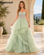 HEULORIA Glitter Tulle A-Line Prom Dress with Beaded Corset, Tiered Ruffles and Lace-Up Back ED-404