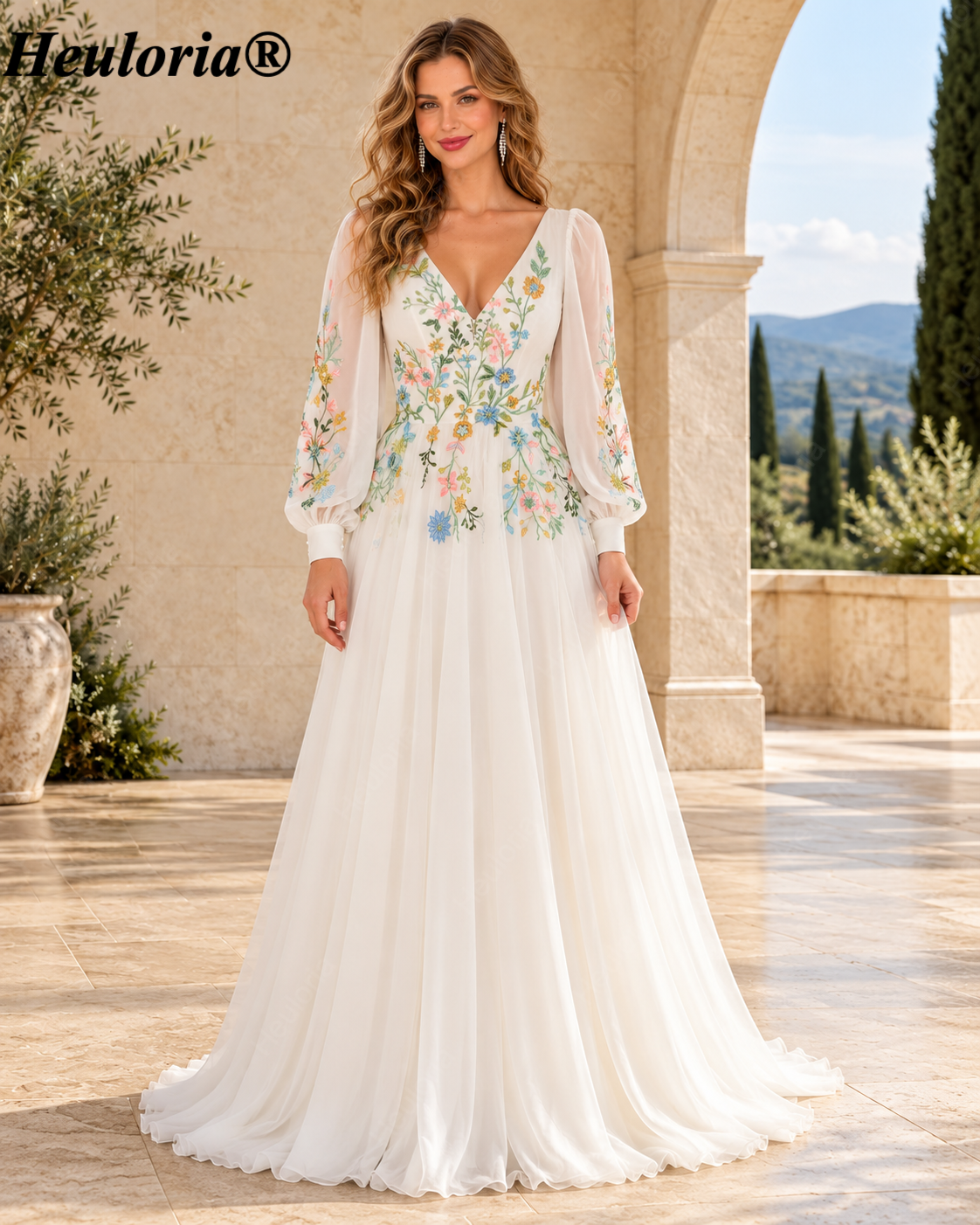 HEULORIA Multicolor Floral Embroidered Tea-Length Tulle A-Line Prom Dress with Bishop Sleeves and Lace-Up Back ED-672 Immagine principale del prodotto
