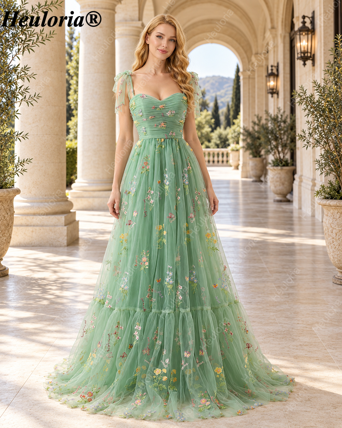 heuloria Floral Embroidered Tulle A-Line Dress with Bow Straps ed-525