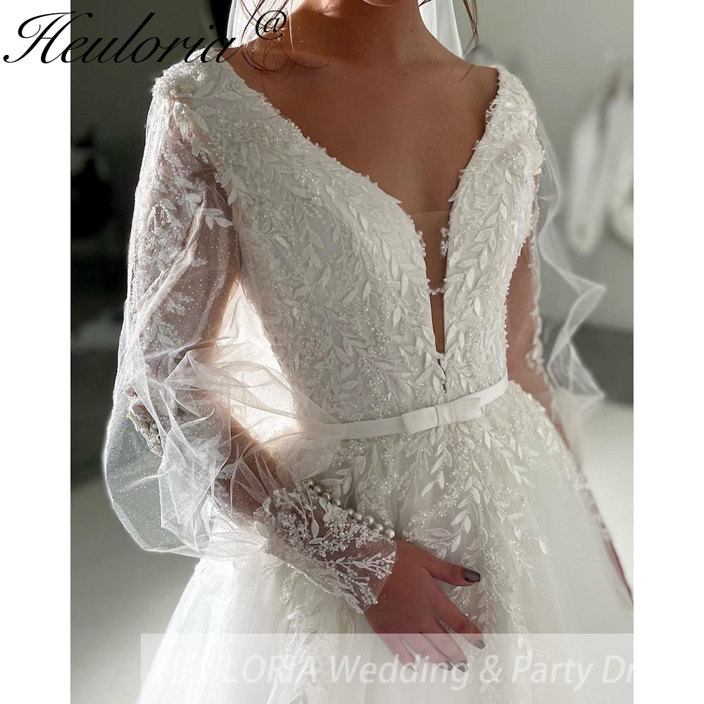 HEULORIA elegant A line long sleeve Court Train Tulle Lace Wedding Dress With Sequins AL-694A