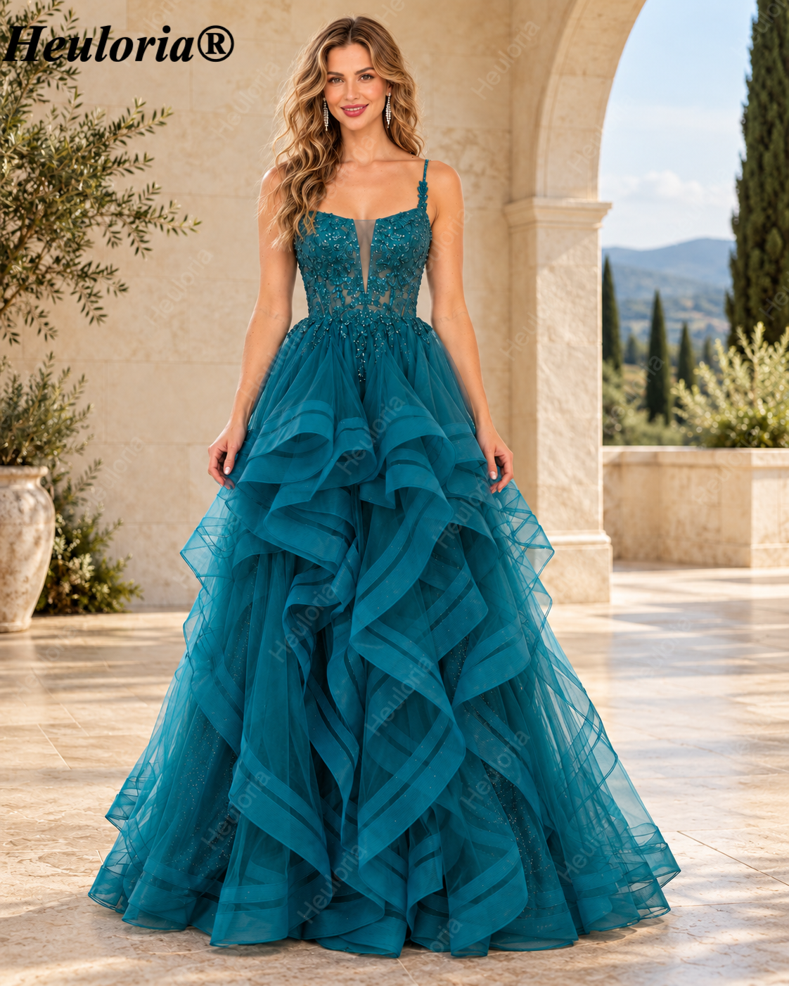 HEULORIA Teal Glitter Tulle A-Line Prom Dress with Beaded Sweetheart Corset and Tiered Ruffles ED-401 Main image