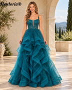 HEULORIA Teal Glitter Tulle A-Line Prom Dress with Beaded Sweetheart Corset and Tiered Ruffles ED-401