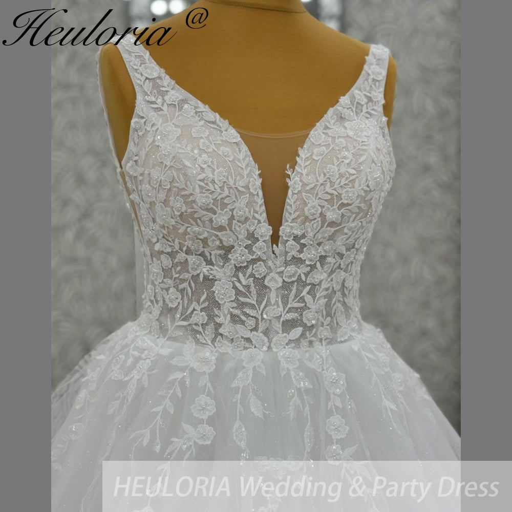HEULORIA V Neck Sleeveless A line Wedding Dress Boho Lace Appliques Tulle Long Bridal Gowns Backless Vestidos de Novia Customized AL-1094