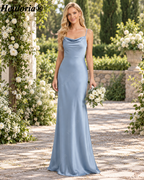 HEULORIA Dusty Blue Cowl Neck Satin Sheath Bridesmaid Dress – ED-253