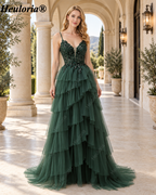 HEULORIA Dark Green Sequin Lace Tiered Tulle Prom Dress ED-576