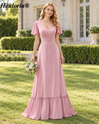 heuloria Pink V-Neck chiffon Bridesmaid Dress with Flutter Sleeves and Ruffle Hem ed-527