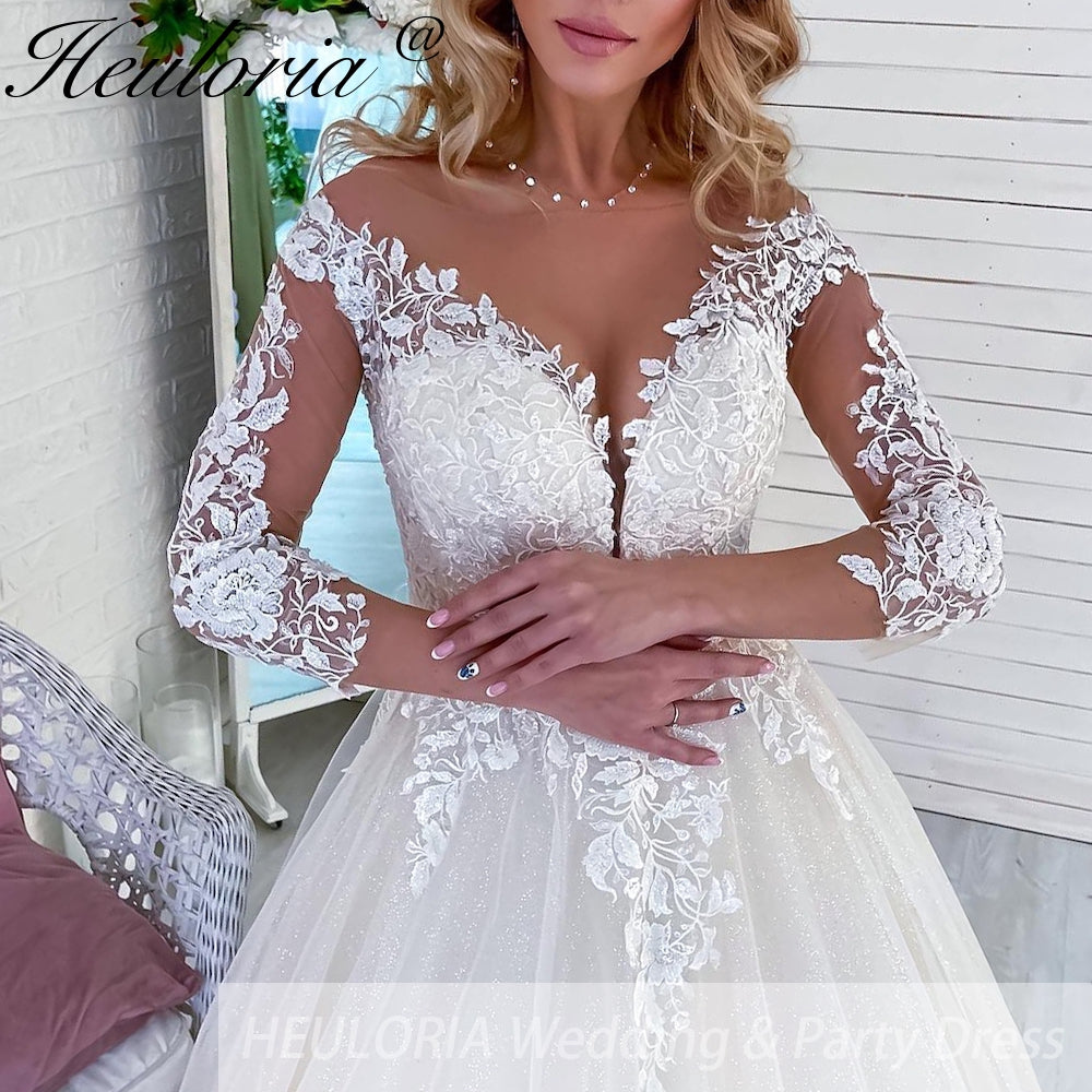 HEULORIA Sparkly Glitter A line Wedding Dress long sleeve lace bride dress plus size robe de mariee  A line Wedding Bridal Gown AL-QK287