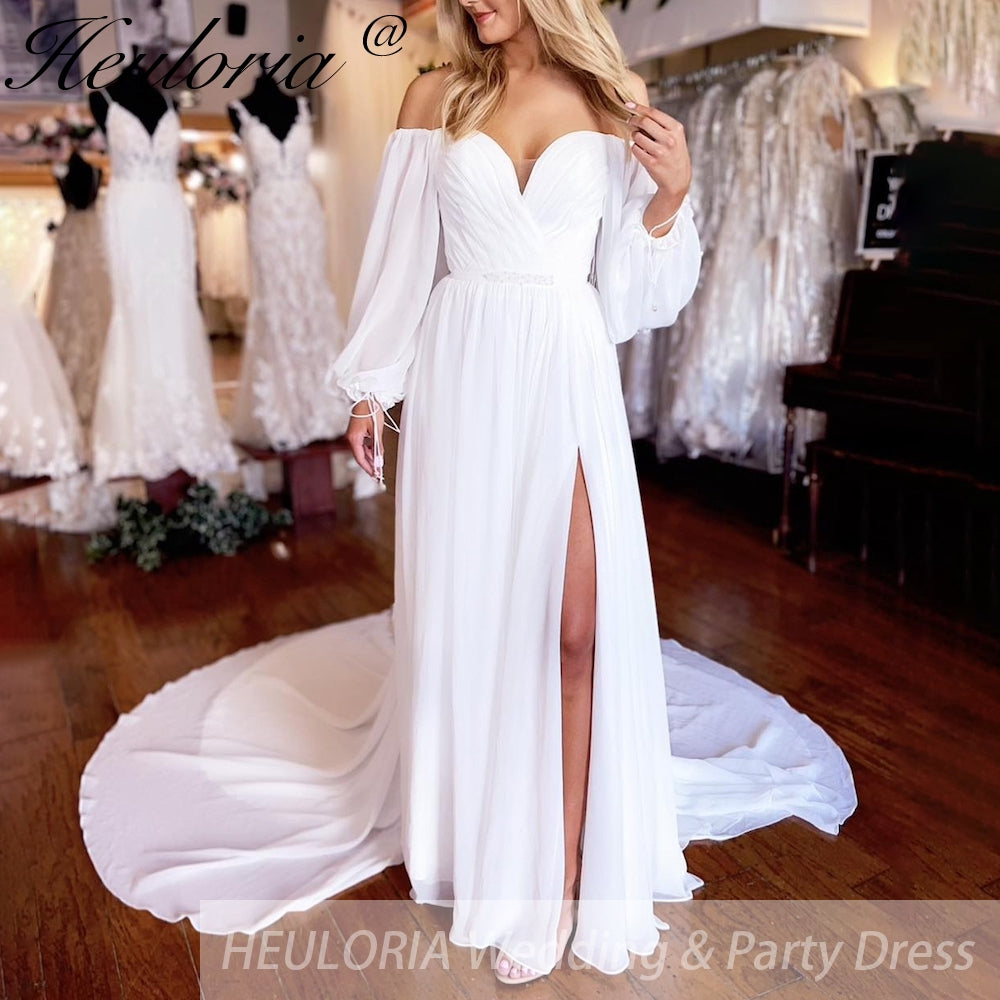 HEULORIA Off the Shoulder Chiffon Split Boho A Line Wedding Dress Long Puff Sleeve Appliques Beach Robe Vestido Civil AL-QK280