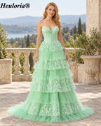heuloria Strapless Floral Tiered Tulle Corset Prom Dress with Bow ed-507