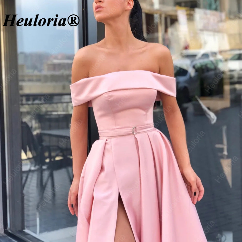 HEULORIA Blush Pink Off-the-Shoulder Belted Satin A-Line Evening Dress with High Slit – ED-25