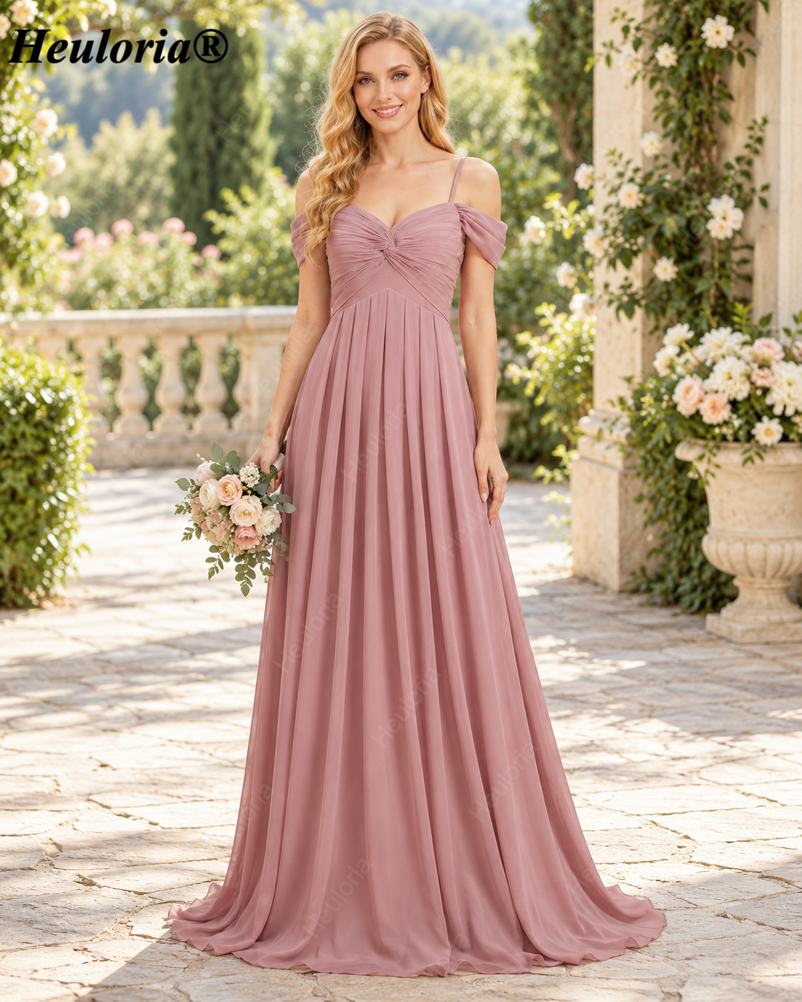 Dusty Rose Cold Shoulder Twist Front A-Line Bridesmaid Dress ED-230