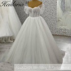 HEULORIA elegant A line wedding dress off shoulder Sparkly Glitter lace bridal dress long sleeve Robe De Mariee Wedding Bride Dress long train AL-1035