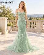 HEULORIA Sky Blue 3D Floral Mermaid Prom Dress with Detachable Off-Shoulder Straps ED-350