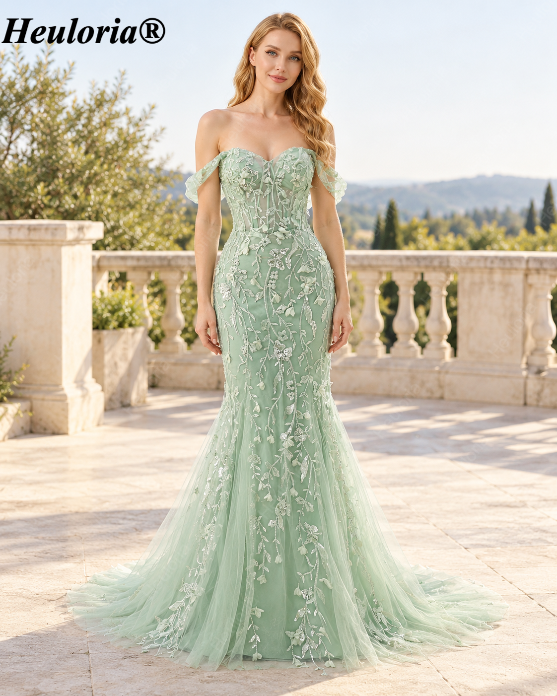 HEULORIA Sky Blue 3D Floral Mermaid Prom Dress with Detachable Off-Shoulder Straps ED-350