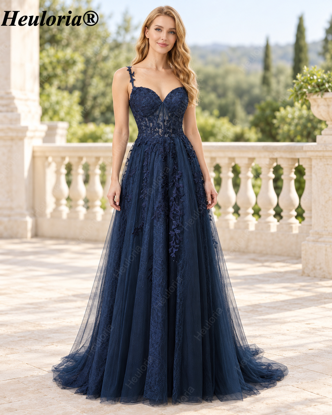 HEULORIA Navy Blue Lace Appliqué Tulle A-Line Prom Dress with Sweetheart Corset – ED-336