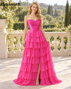 HEULORIA Pale Yellow Strapless Sweetheart Corset Tiered Chiffon A-Line Prom Dress ED-236